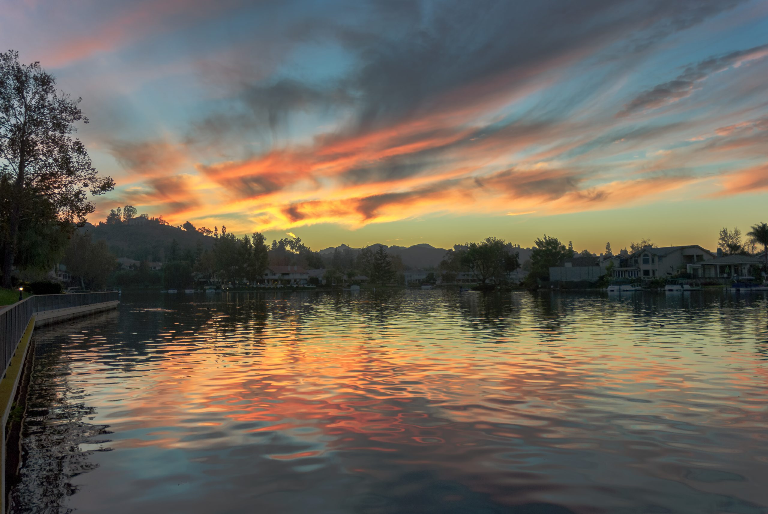 Beautiful after sunset sky and sky reflections on Westlake Village lake, California